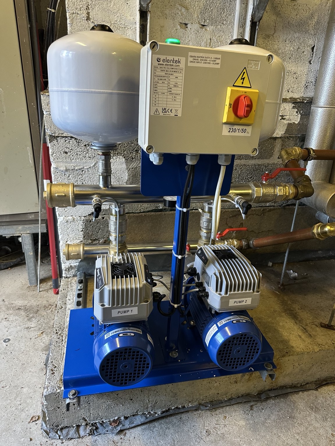 Closer detail of the EBARA twin booster set and associated pipework
