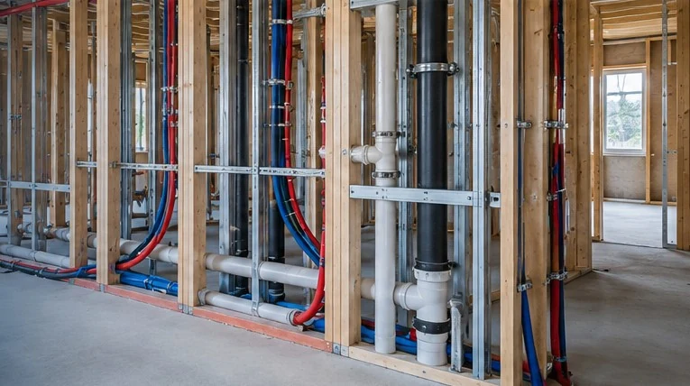 Illustrative view of first-fix plumbing pipework inside a residential building; not an actual HydroPro project photograph